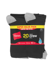 Hanes Men’s Cushioned Crew Socks Pack, 20 Pairs, Lightweight, Moisture Wicking