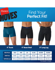 Hanes Moves Ultimate Men’s Anti-Chafe Long Leg Boxer Brief Underwear, Total Support Pouch, X-Temp, Black/Grey/Blue, 4-Pack, 8”