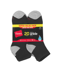 Hanes Men’s Cushioned Ankle Socks Pack, 20 Pairs, Moisture Wicking