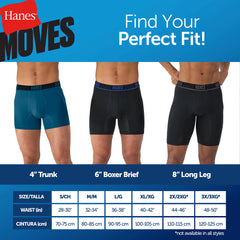 Hanes Moves Ultimate Men’s Anti-Chafe Long Leg Boxer Brief Underwear, X-Temp, 4-Pack, Black, 8"
