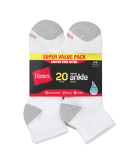 Hanes Men’s Cushioned Ankle Socks Pack, 20 Pairs, Moisture Wicking