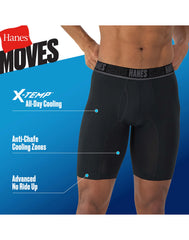 Hanes Moves Ultimate Men’s Anti-Chafe Long Leg Boxer Brief Underwear, Total Support Pouch, X-Temp, Black/Grey/Blue, 4-Pack, 8”