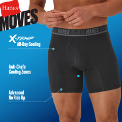 Hanes Moves Ultimate Men’s Anti-Chafe Boxer Brief Underwear, X-Temp, Black/Grey/Ocean Blue, 4-Pack, 6"