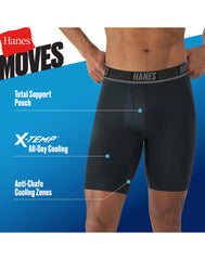 Hanes Moves Ultimate Men’s Anti-Chafe Long Leg Boxer Brief Underwear, Total Support Pouch, X-Temp, 4-Pack, 8”