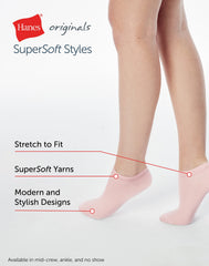 Hanes Originals Women’s SuperSoft No Show Socks, Extended Sizes, 6-Pairs