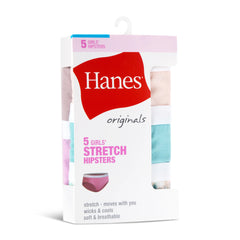 Hanes Originals Girls' Tween Hipster Underwear, Assorted Solids/Print, 5-Pack