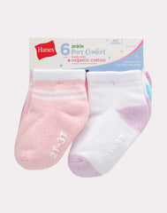 Hanes Pure Comfort Infant/Toddler Girls&rsquo; Ankle Socks, Organic Cotton, 6-Pairs