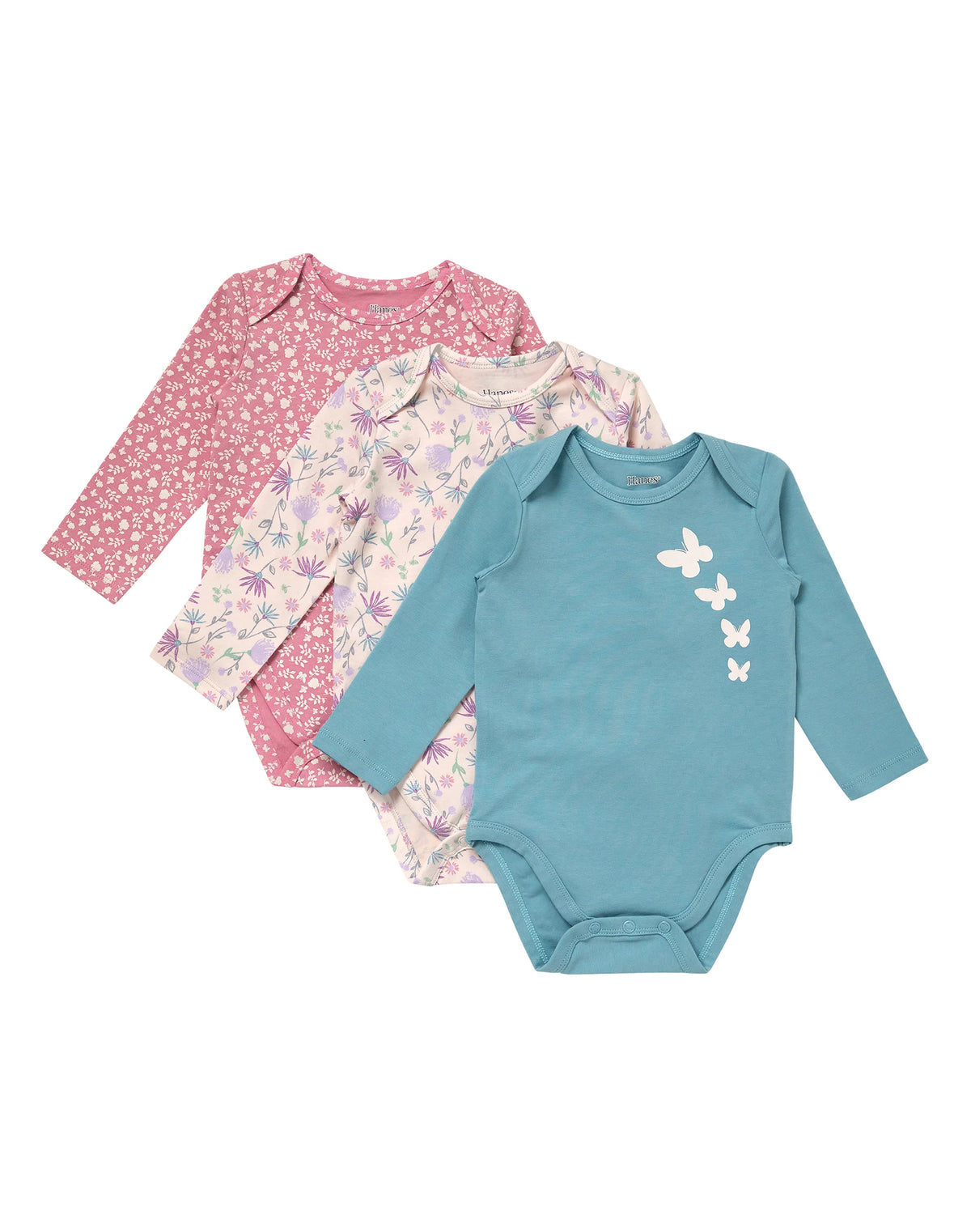Hanes Pure Comfort Baby Long Sleeve Bodysuits, Organic Cotton, Boys &amp; Girls, 3-Pack