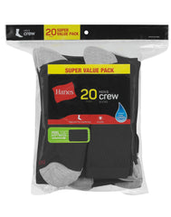 Hanes Men&rsquo;s Cushioned Crew Socks Pack, 20 Pairs, Lightweight, Moisture Wicking